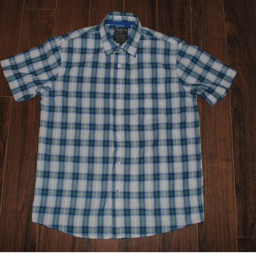 Kensington Dockside Button Up Short Sleeve Plaid Blue Medium Shirt Mens Chest 42